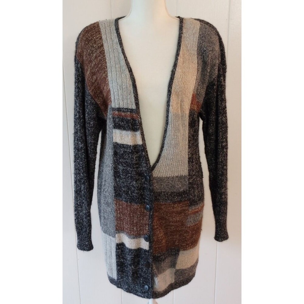 Vintage Patchwork Cardigan Sweater Women's M Long Button Front Boho Retro Knit